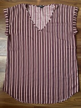 Express Women Striped V-Neck Cap Sleeve Top in Maroon and Ivory Summer polyester